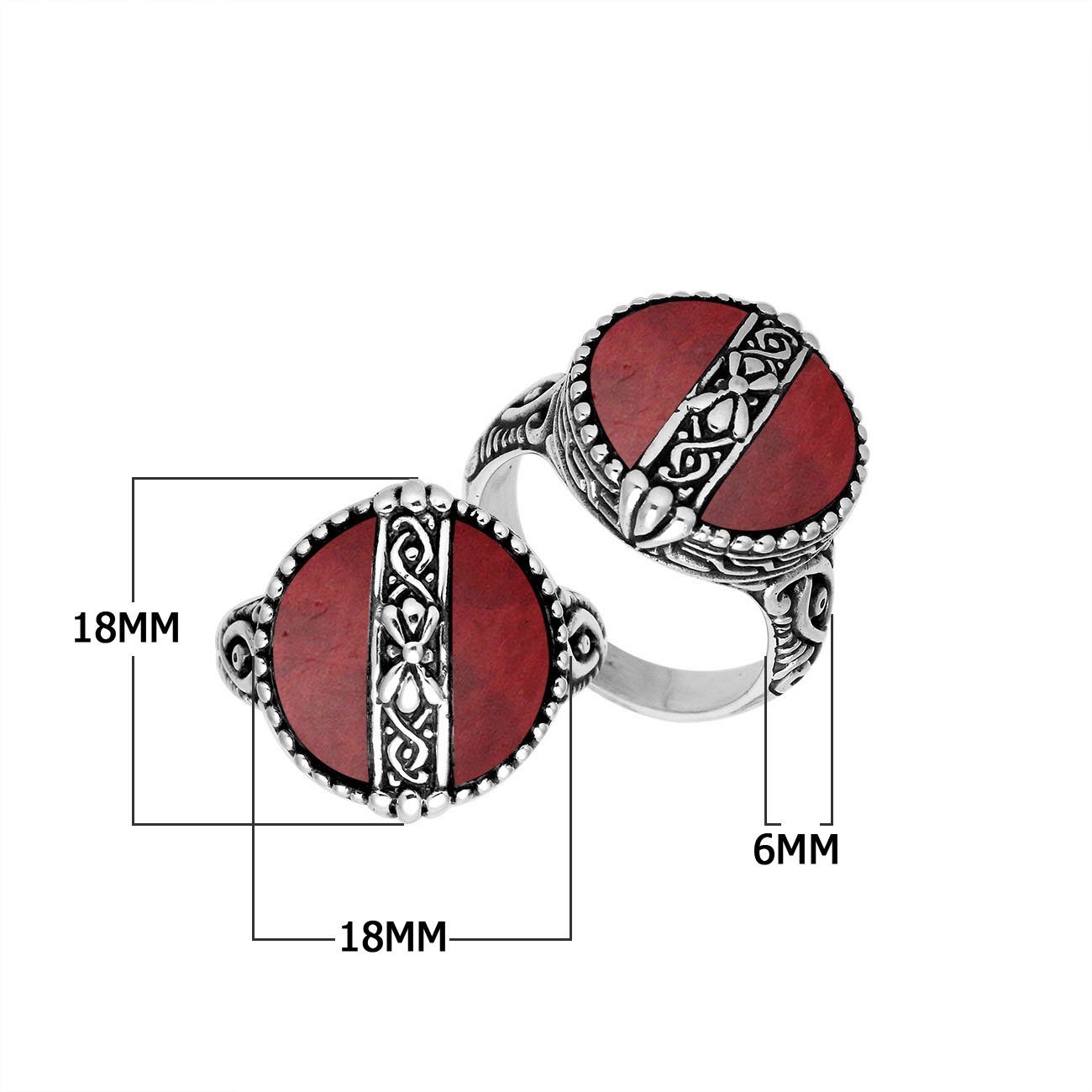 Sterling Silver Red Coral Round Shape Statement Ring With Balinese Artistic Design