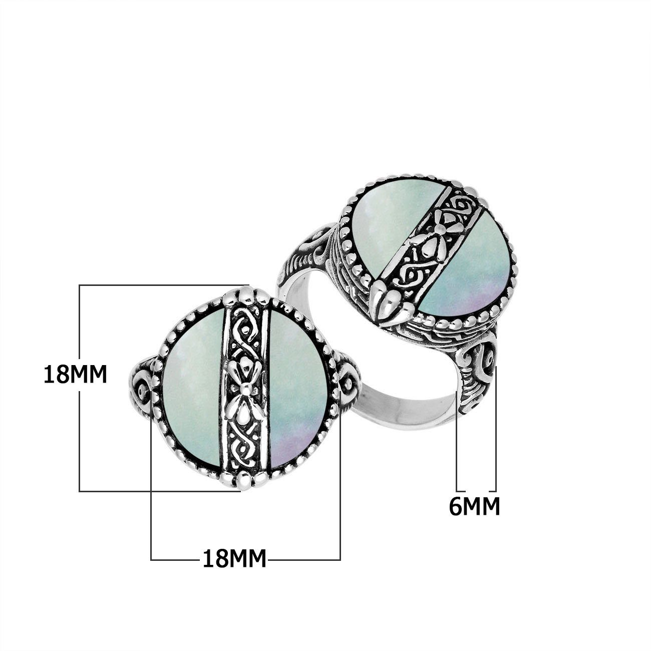 Sterling Silver Mother Of Pearl Round Shape Statement Ring With Balinese Artistic Design