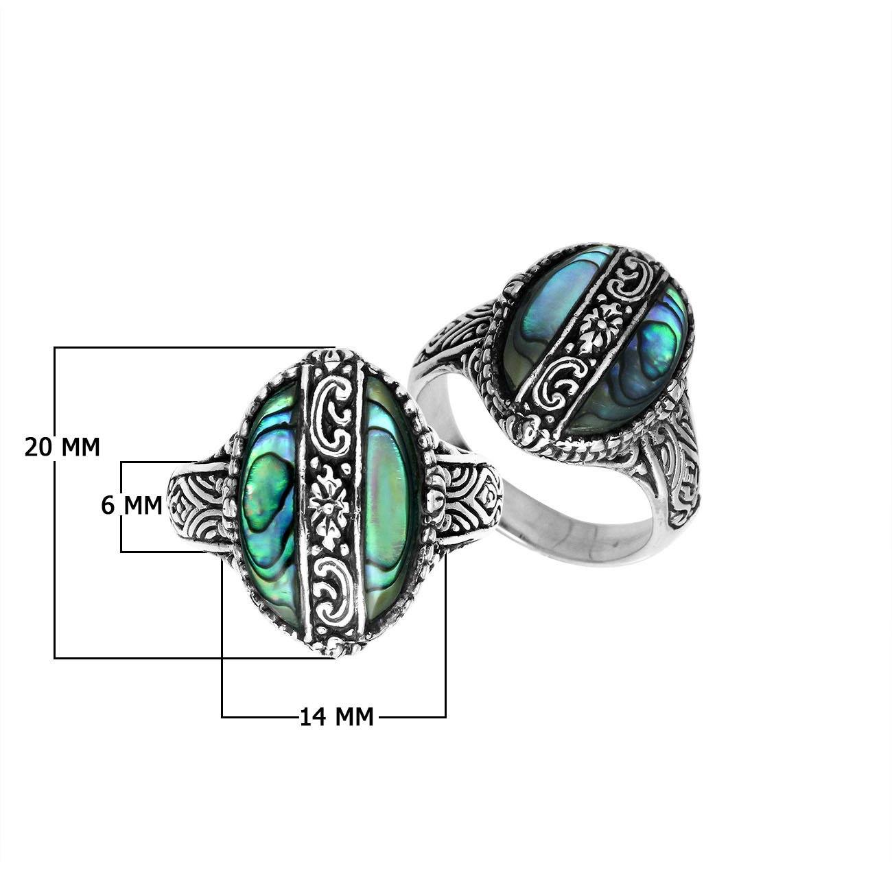 Sterling Silver Abalone Shell Oval Shape Statement Ring With Balinese Artistic Design