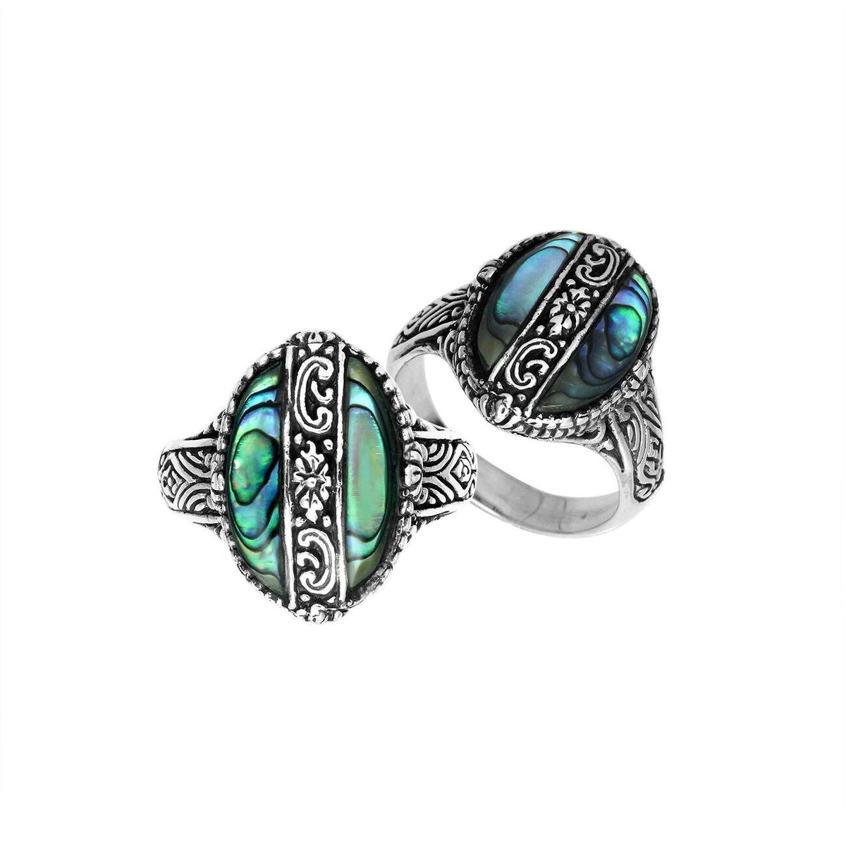 Sterling Silver Abalone Shell Oval Shape Statement Ring With Balinese Artistic Design