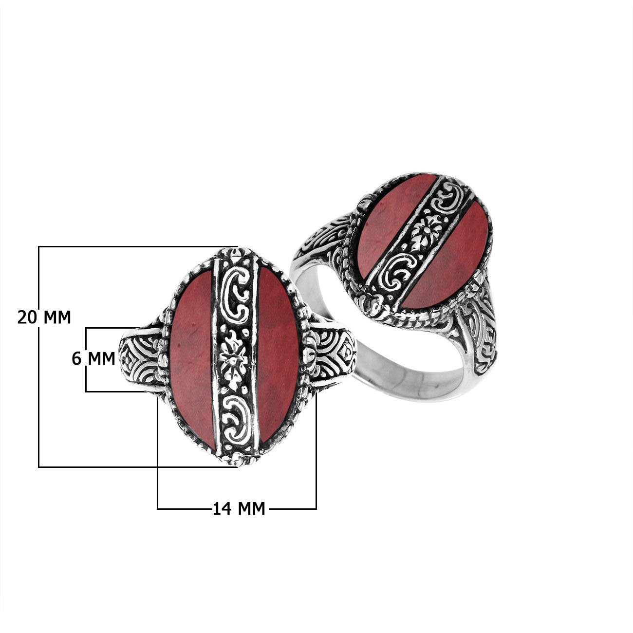 Sterling Silver Red Coral Oval Shape Statement Ring With Balinese Artistic Design