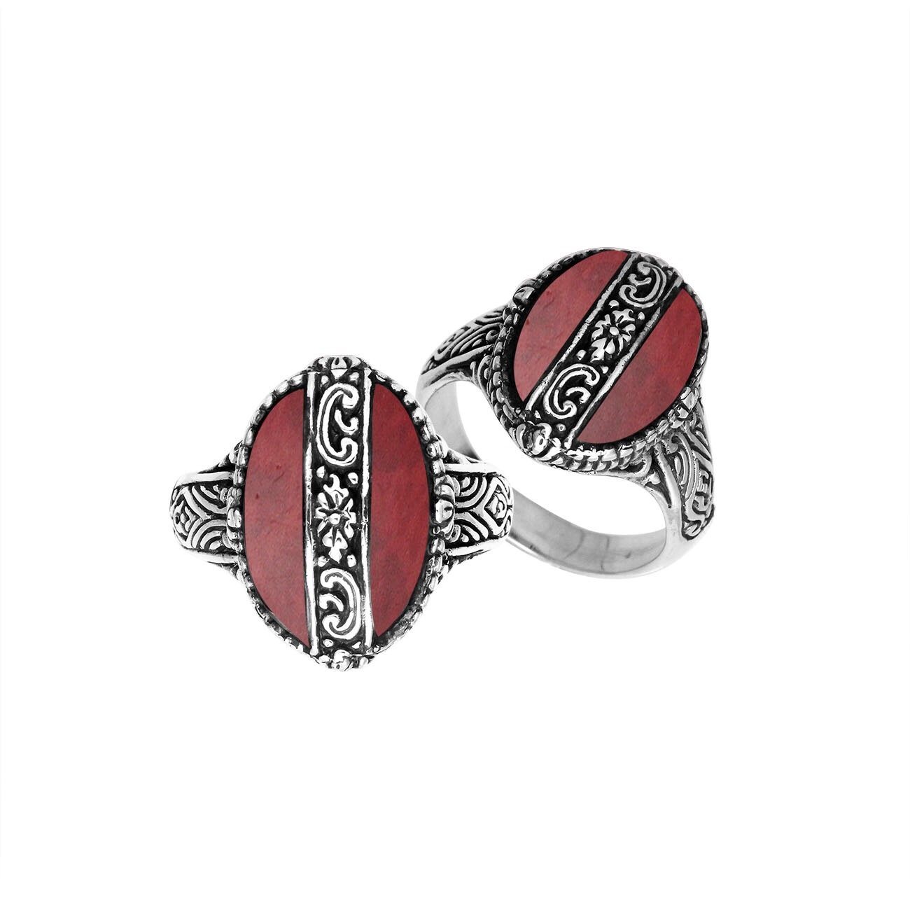 Sterling Silver Red Coral Oval Shape Statement Ring With Balinese Artistic Design