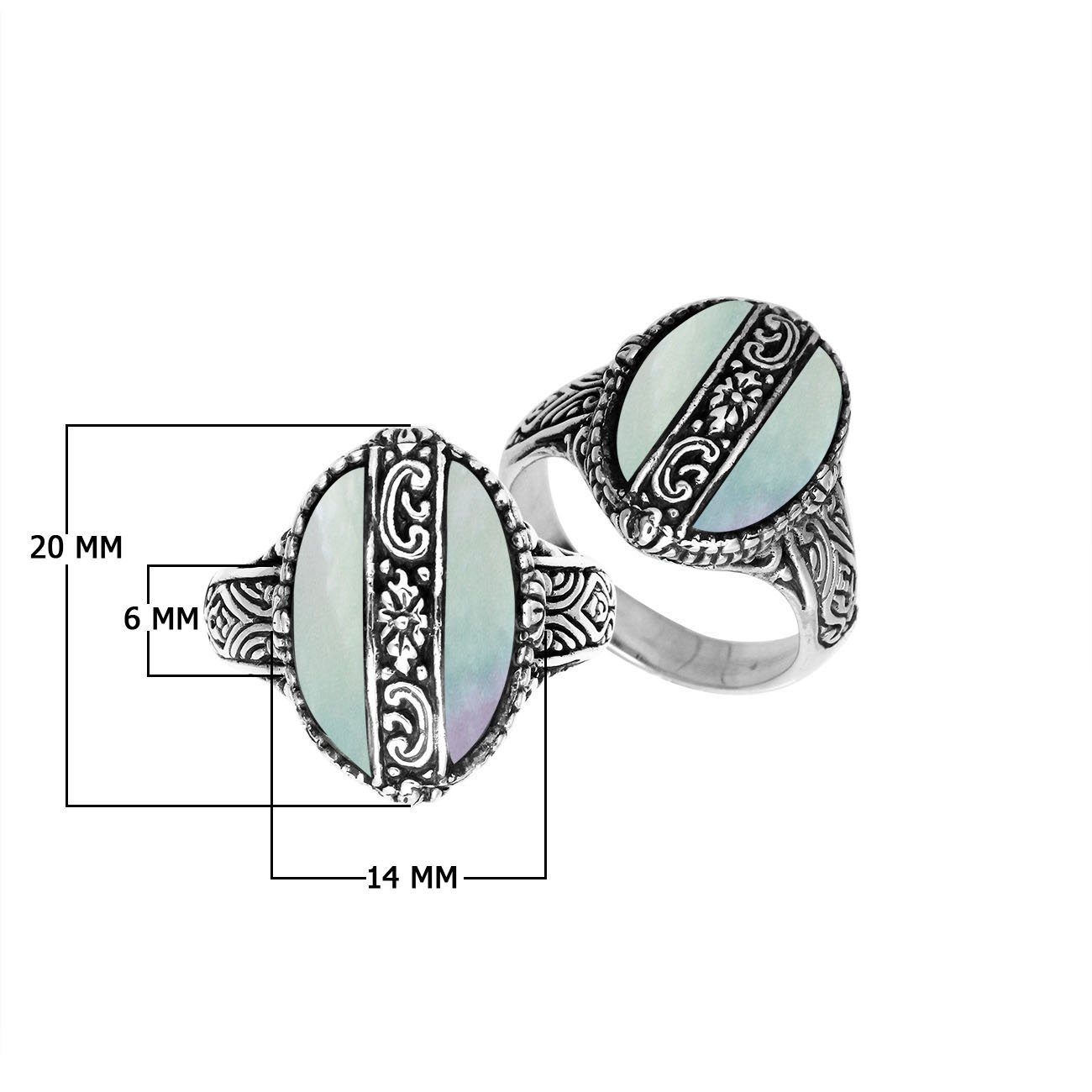 Sterling Silver Mother Of Pearl Oval Shape Statement Ring With Balinese Artistic Design