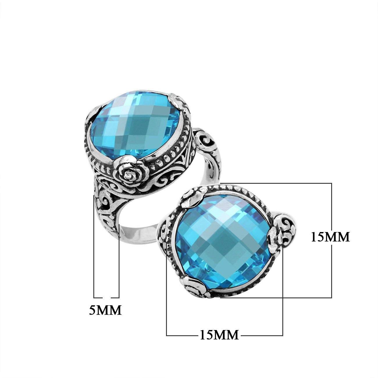 Sterling Silver Blue Topaz Quartz Round Shape Floral Balinese Statement Ring