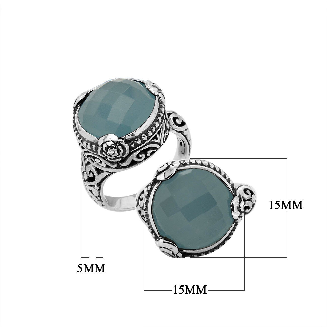 Sterling Silver Blue Chalcedony Quartz Round Shape Floral Balinese Statement Ring