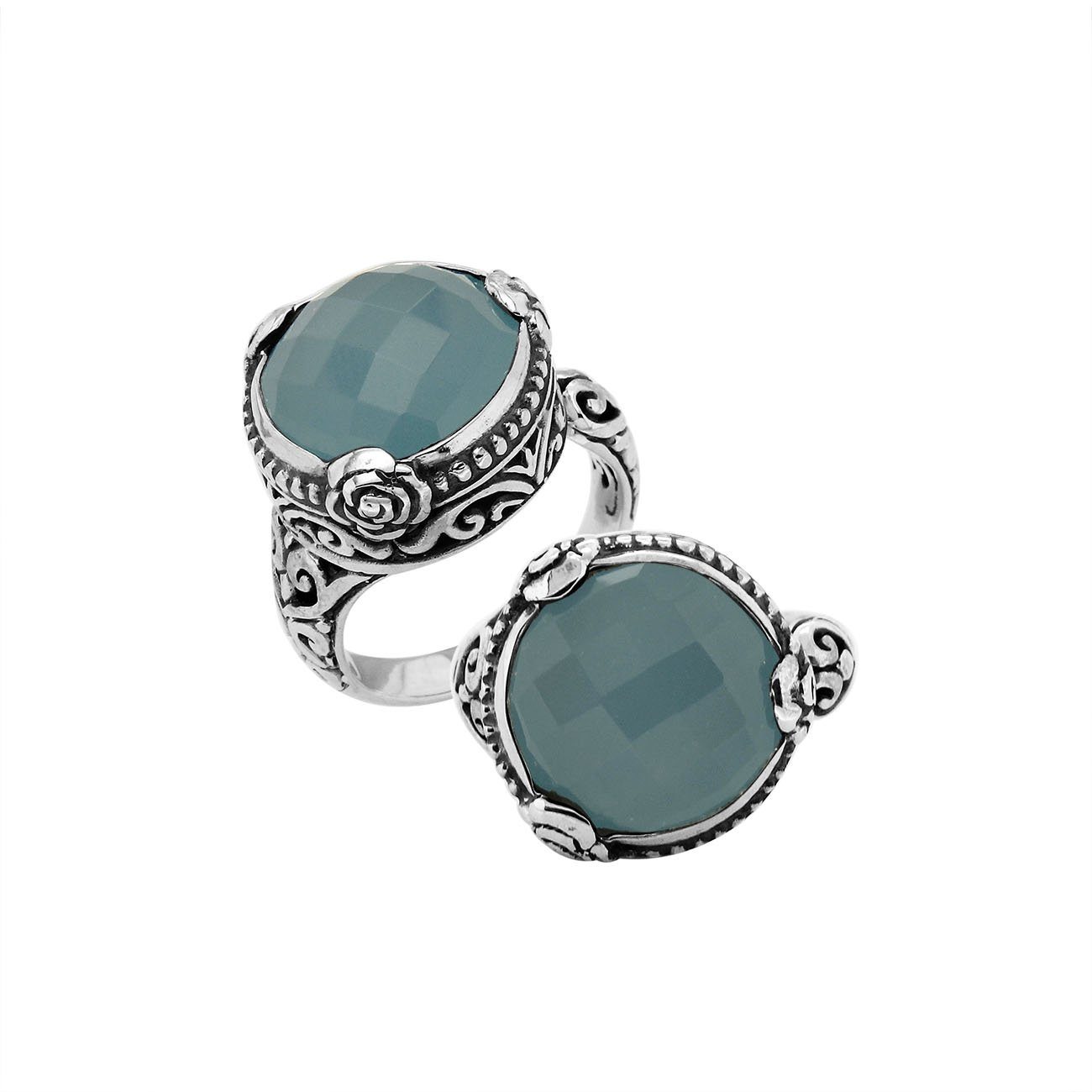 Sterling Silver Blue Chalcedony Quartz Round Shape Floral Balinese Statement Ring