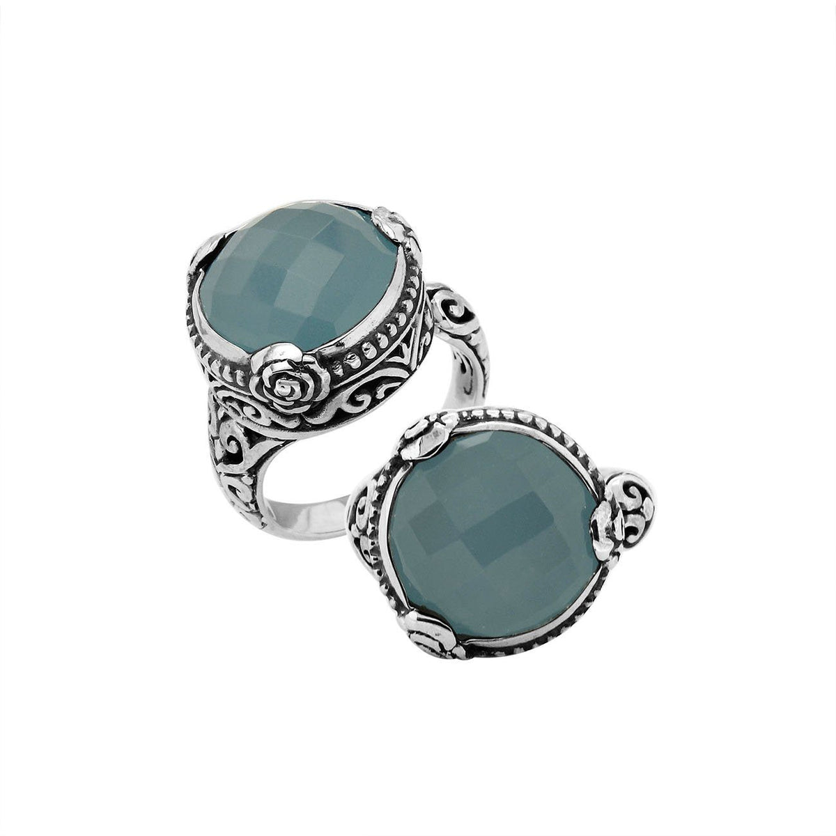 Sterling Silver Blue Chalcedony Quartz Round Shape Floral Balinese Statement Ring