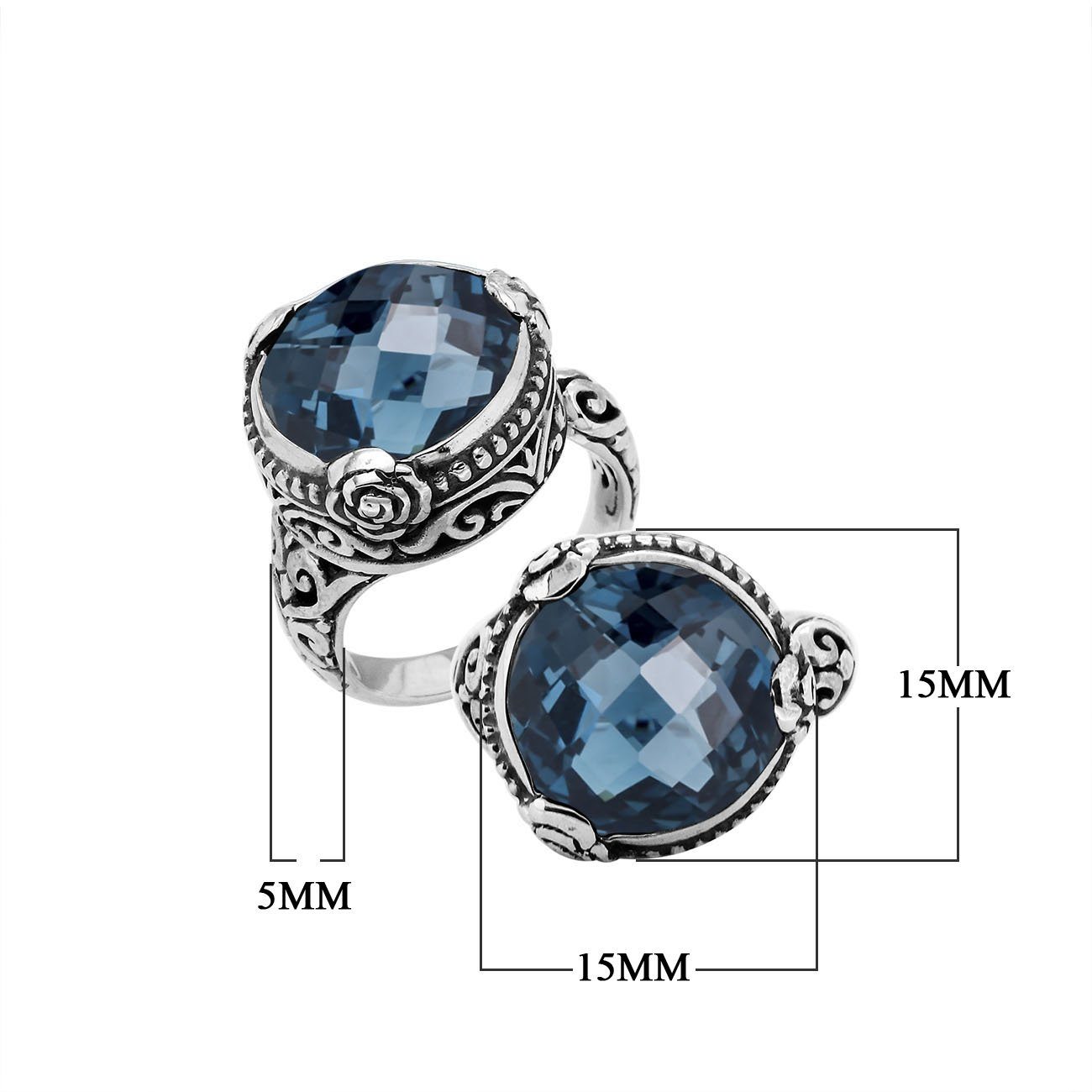 Sterling Silver London Blue Topaz Quartz Round Shape Floral Balinese Statement Ring