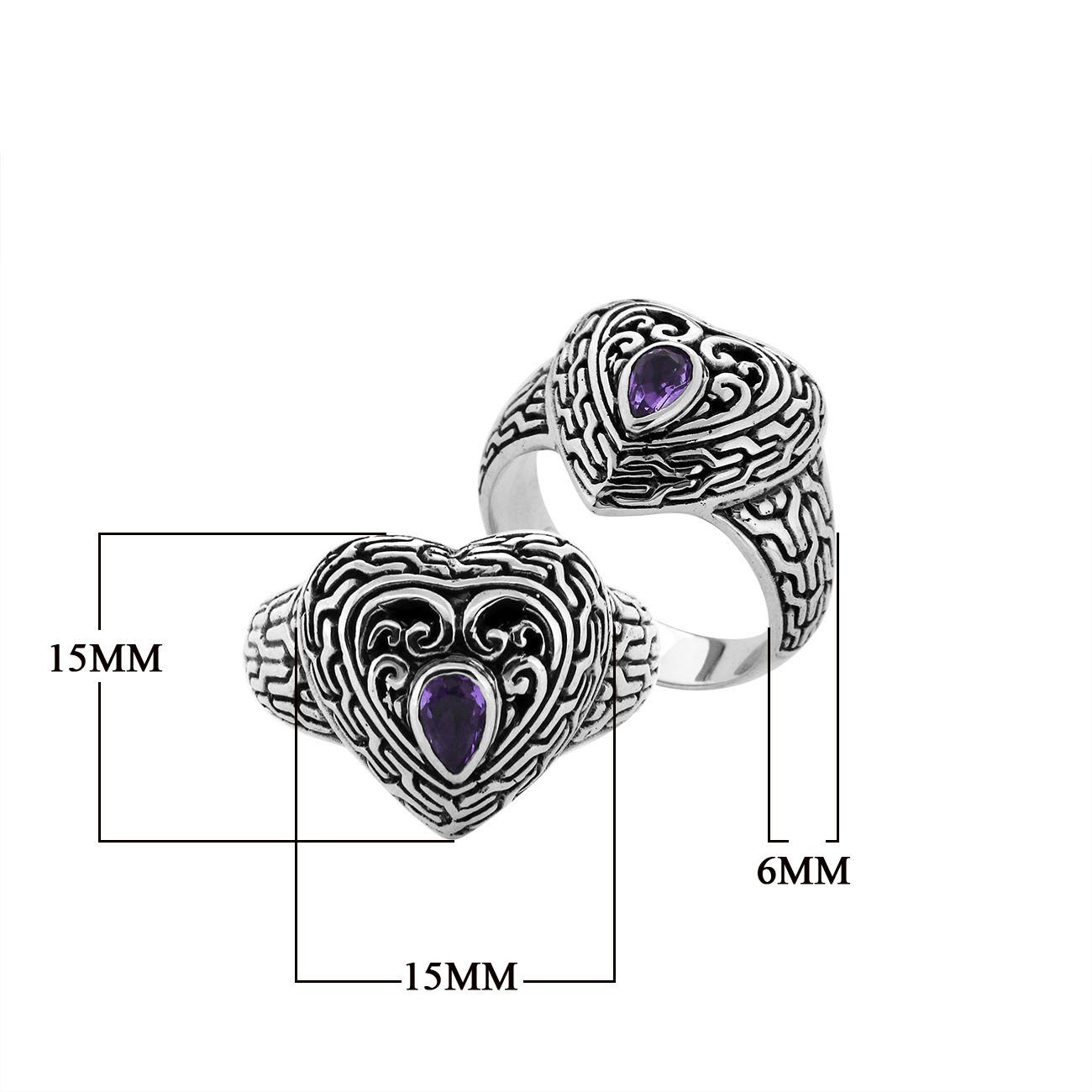 Sterling Silver Amethyst Quartz Heart Shape Balinese Vintage Statement Ring