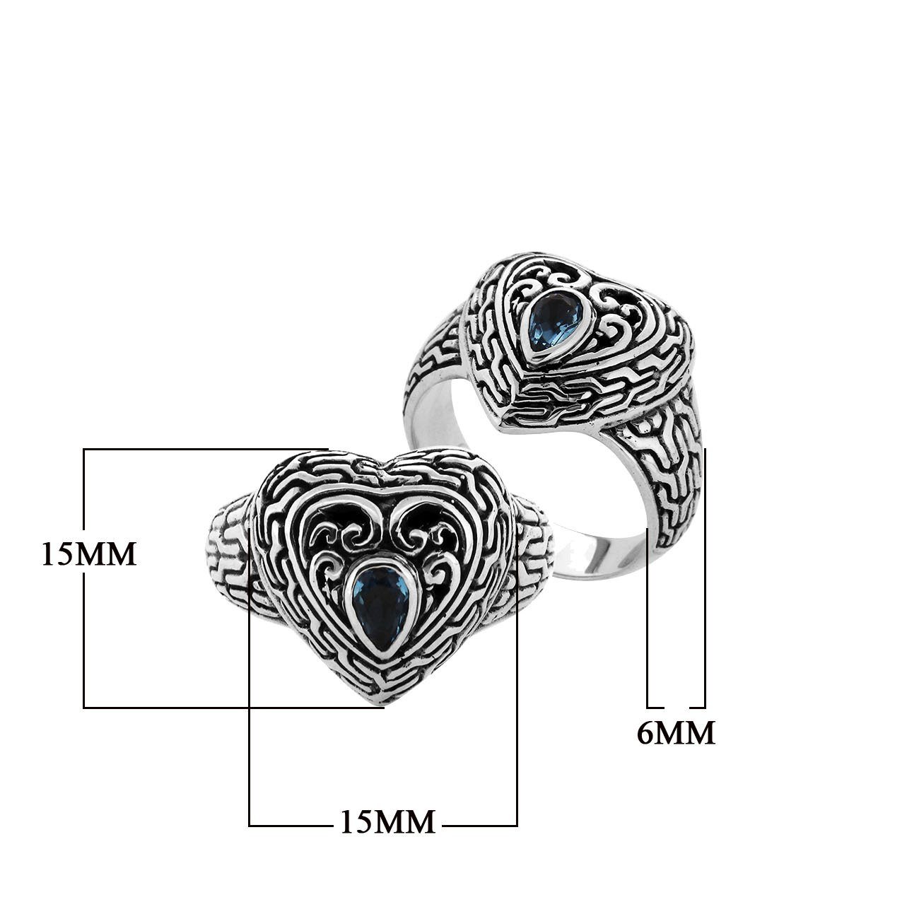 Sterling Silver Blue Topaz Quartz Heart Shape Balinese Vintage Statement Ring