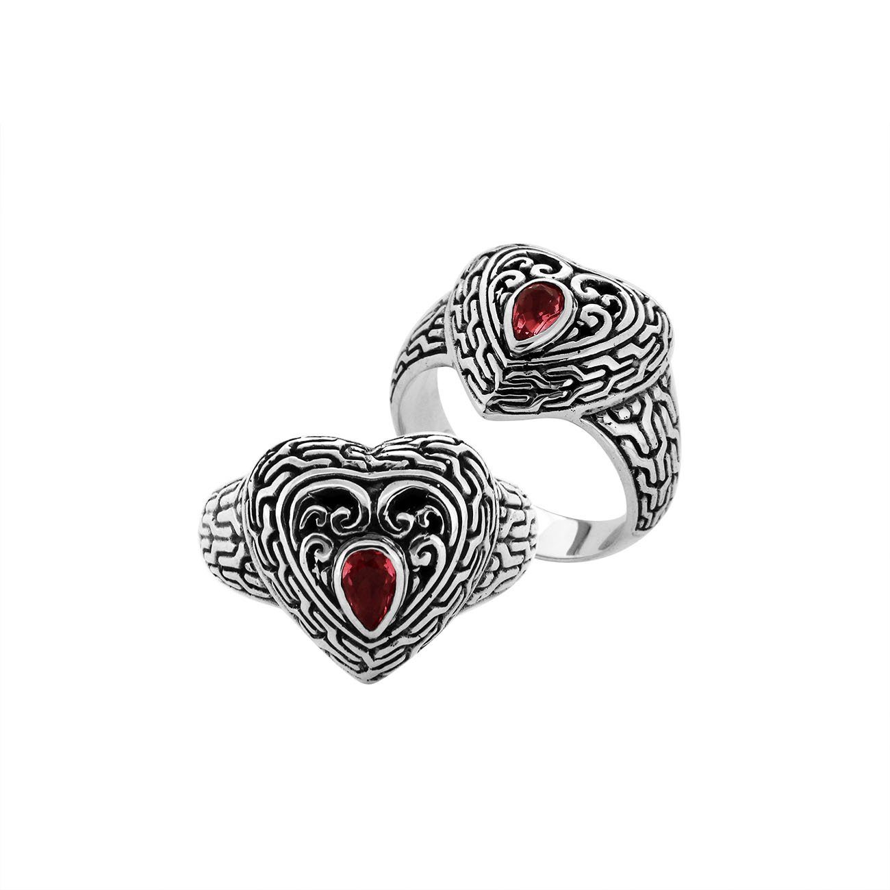 Sterling Silver Garnet Quartz Heart Shape Balinese Vintage Statement Ring