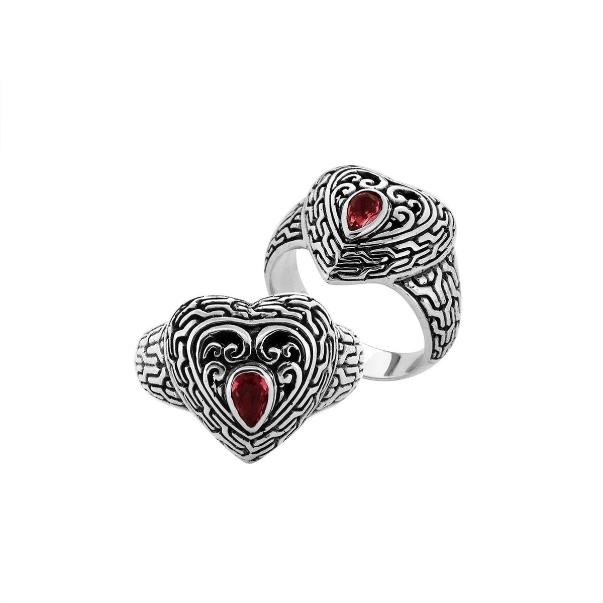 Sterling Silver Garnet Quartz Heart Shape Balinese Vintage Statement Ring