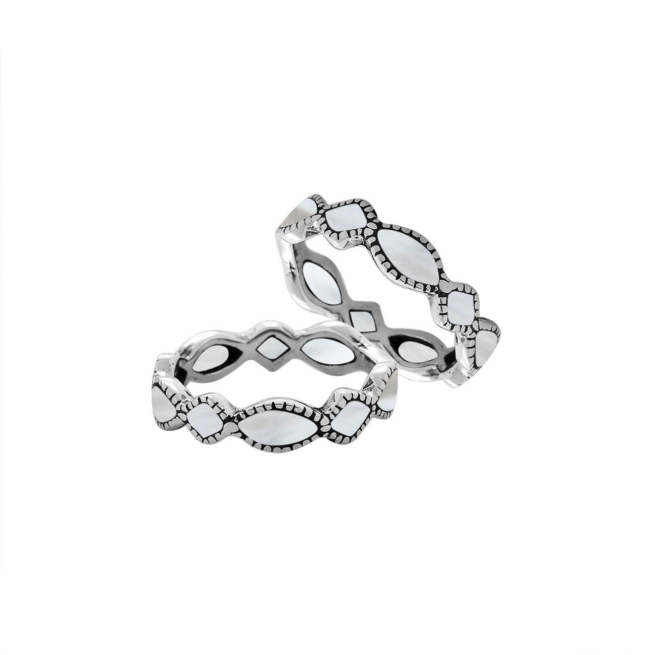 Elegant sterling silver Mother Of Pearl wave band ring with Balinese handcrafted detailing