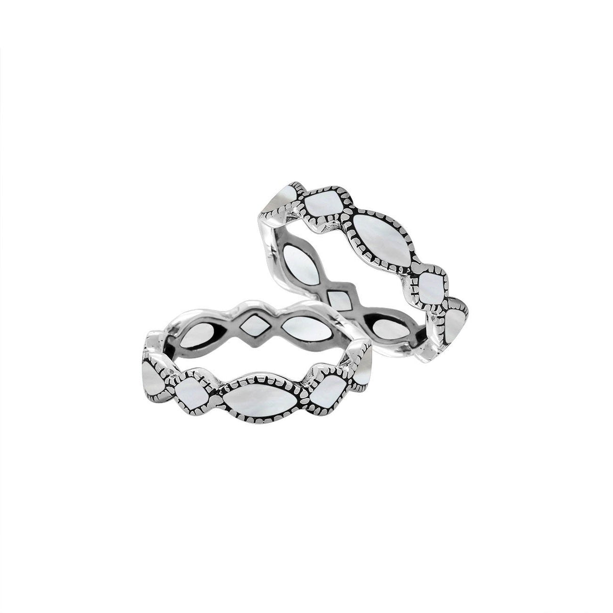 Elegant sterling silver Mother Of Pearl wave band ring with Balinese handcrafted detailing