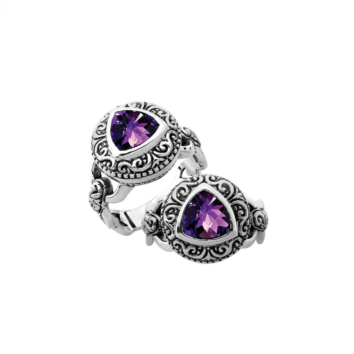 Elegant sterling silver triangle shape Amethyst Quartz ring with Balinese handcrafted detailing