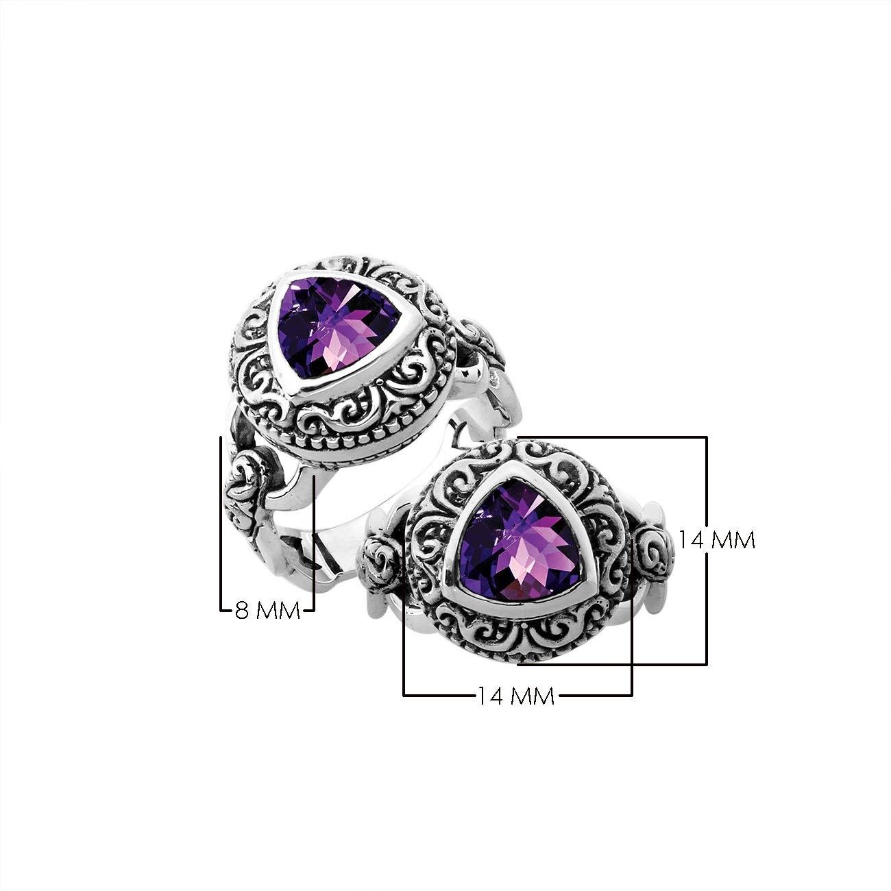 Elegant sterling silver triangle shape Amethyst Quartz ring with Balinese handcrafted detailing