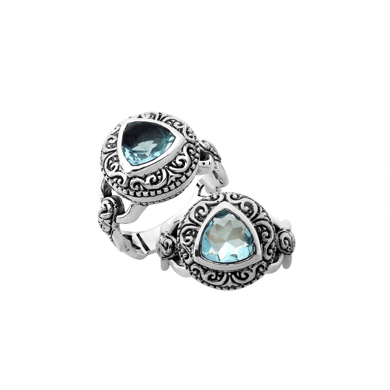 Elegant sterling silver triangle shape Blue Topaz Quartz ring with Balinese handcrafted detailing