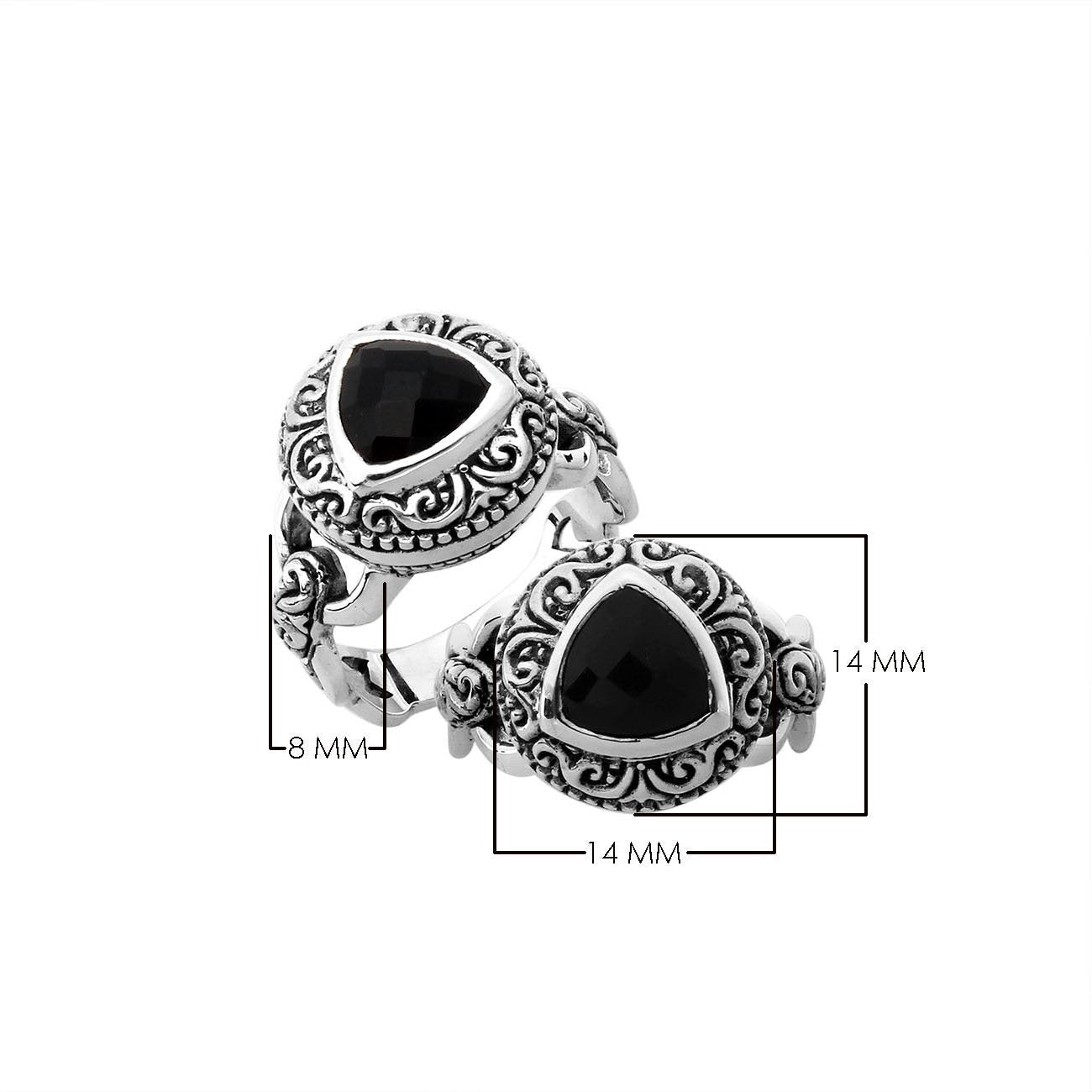 Elegant sterling silver triangle shape Black Onyx ring with Balinese handcrafted detailing