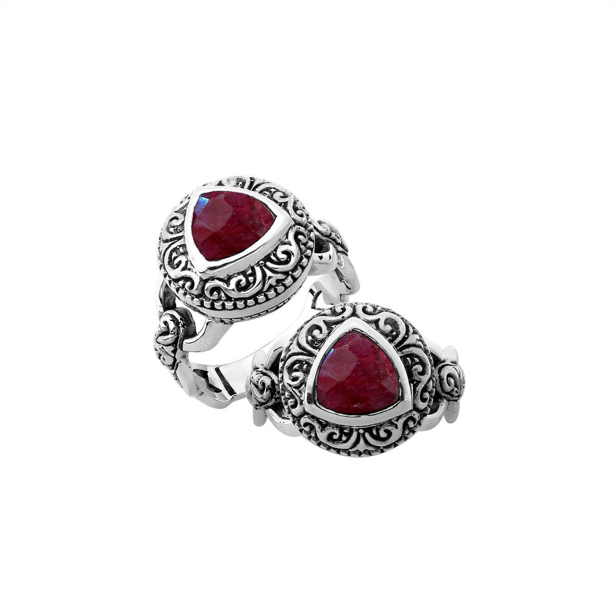 Elegant sterling silver triangle shape Ruby ring with Balinese handcrafted detailing
