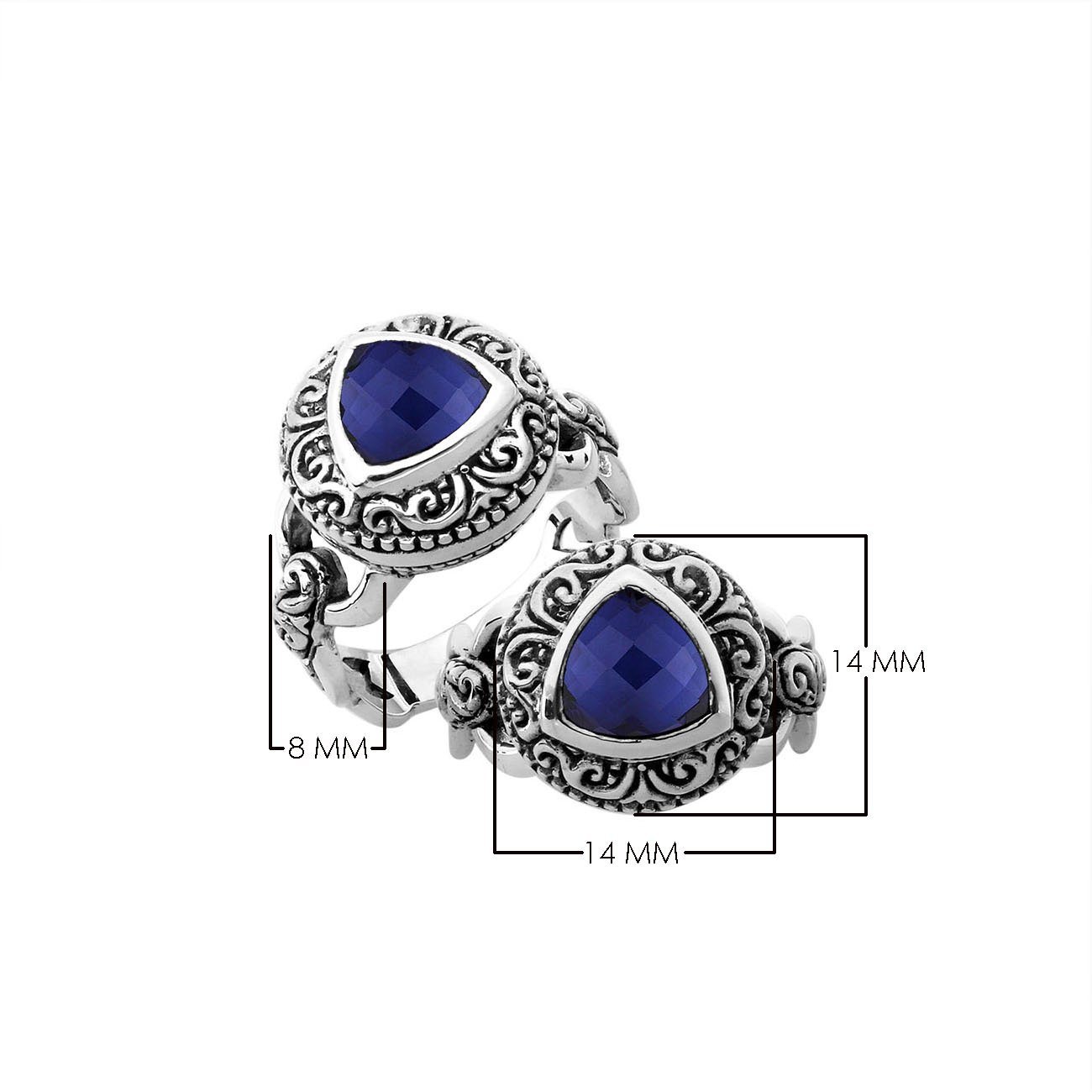 Elegant sterling silver triangle shape Sapphire ring with Balinese handcrafted detailing
