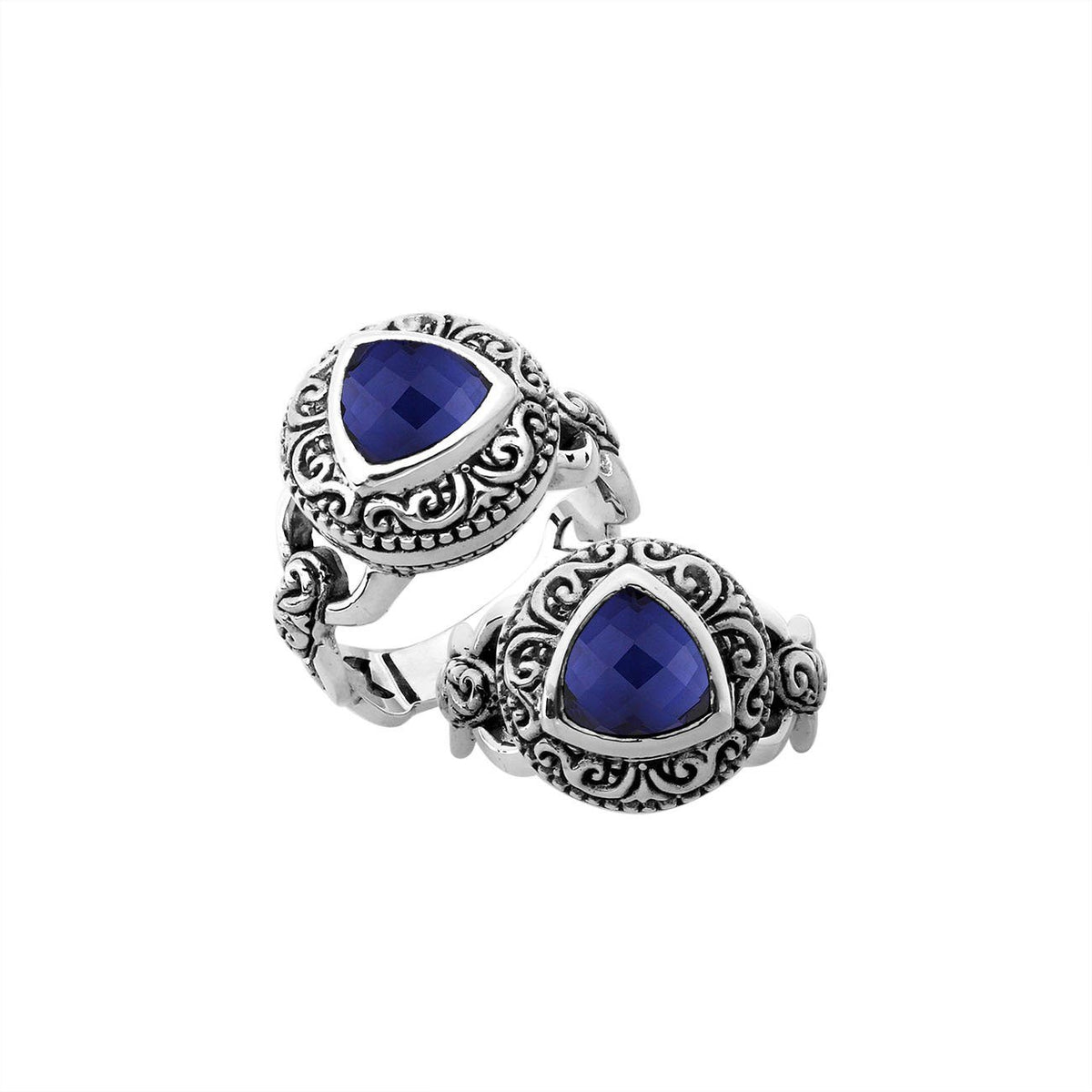 Elegant sterling silver triangle shape Sapphire ring with Balinese handcrafted detailing