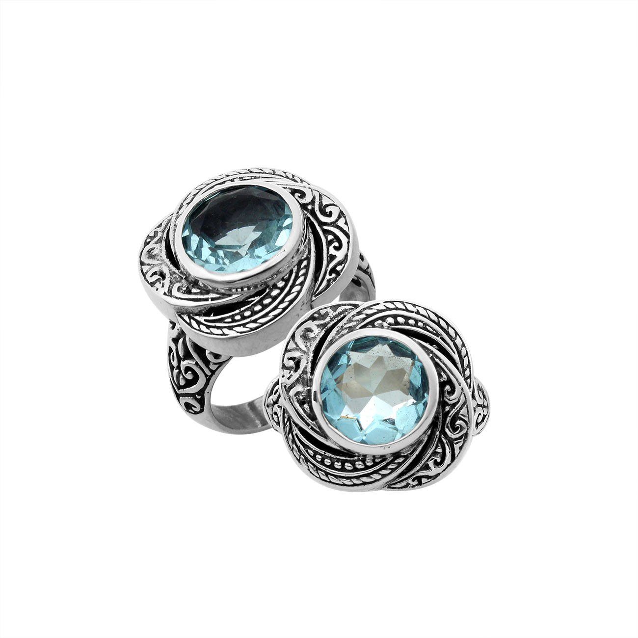 Elegant sterling silver round shape Blue Topaz ring with Balinese handcrafted detailing