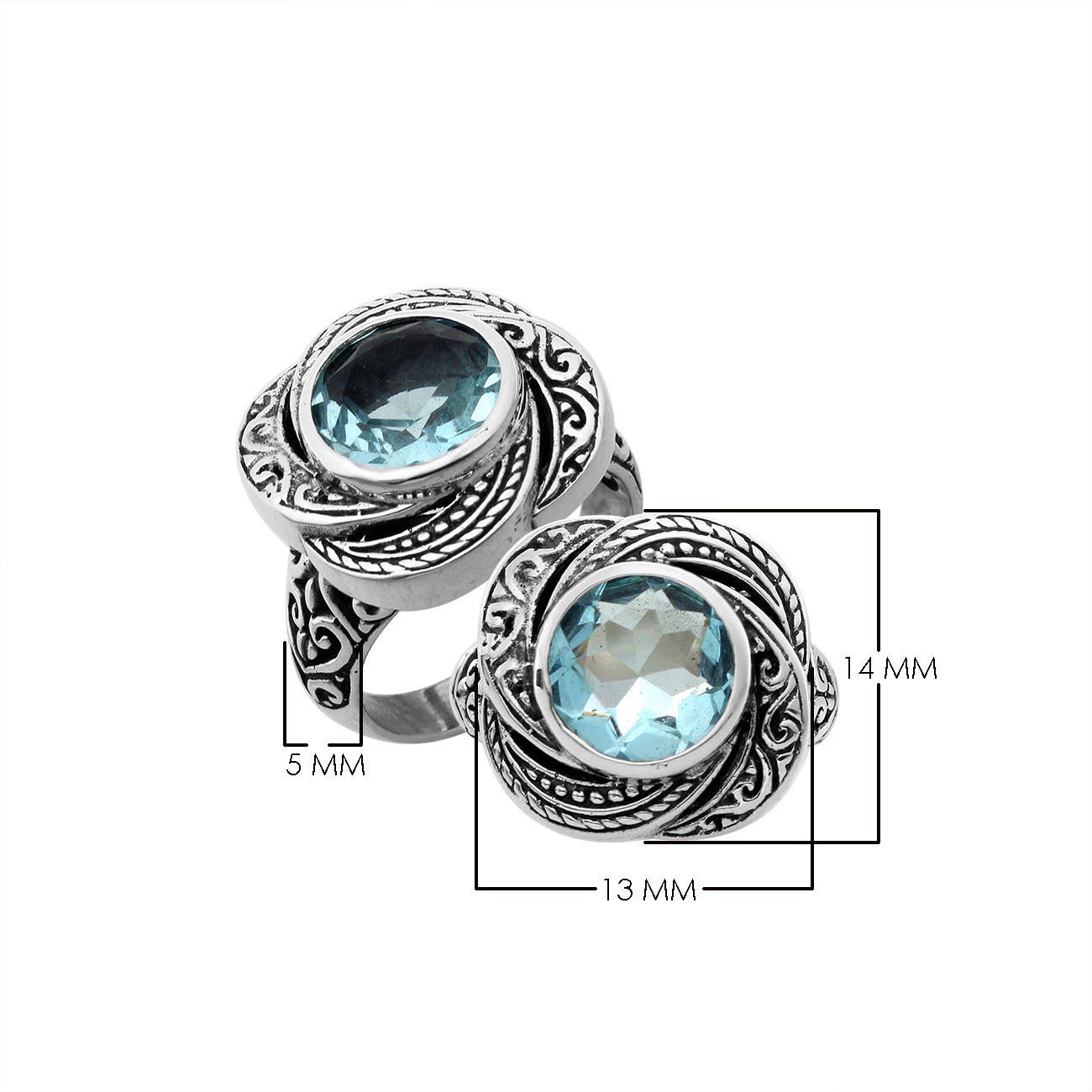 Elegant sterling silver round shape Blue Topaz ring with Balinese handcrafted detailing