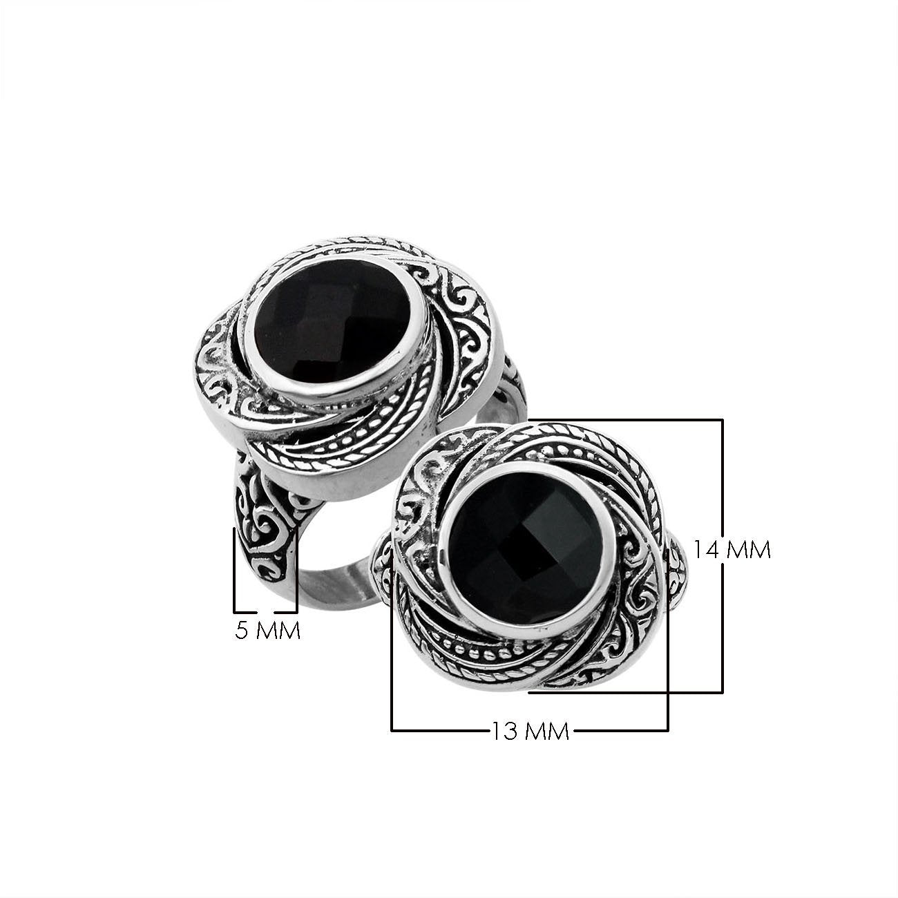 Elegant sterling silver round shape Black Onyx ring with Balinese handcrafted detailing