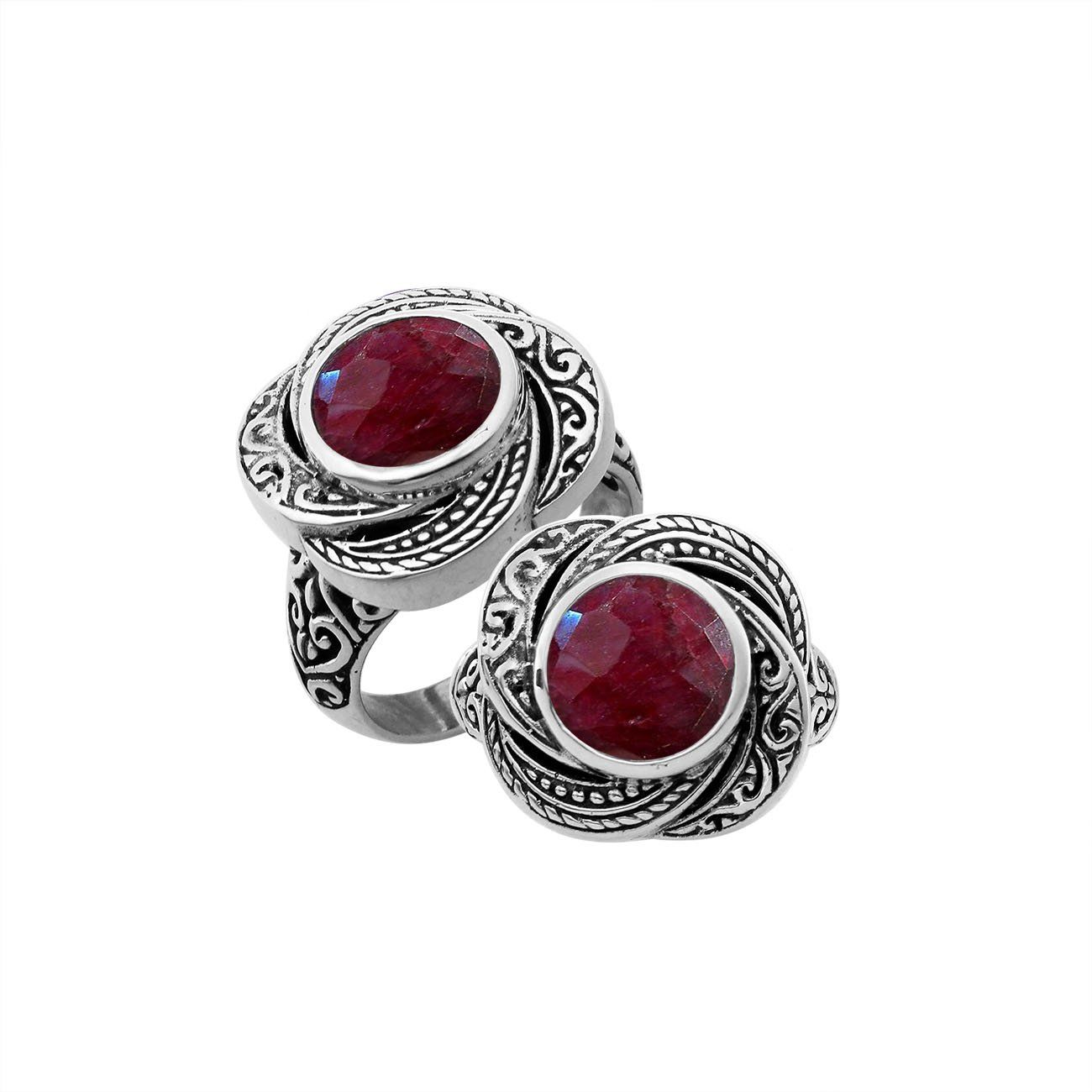 Elegant sterling silver round shape Ruby ring with Balinese handcrafted detailing
