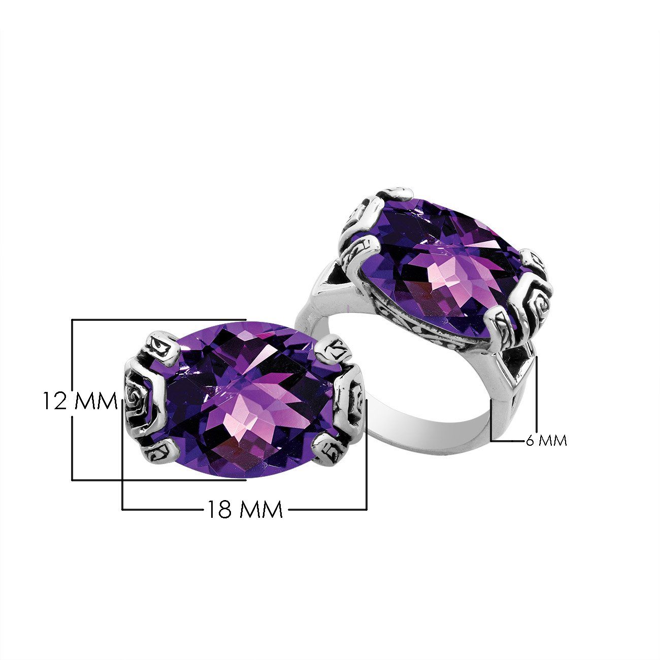 Elegant sterling silver oval shape Amethyst Quartz ring with Balinese handcrafted detailing