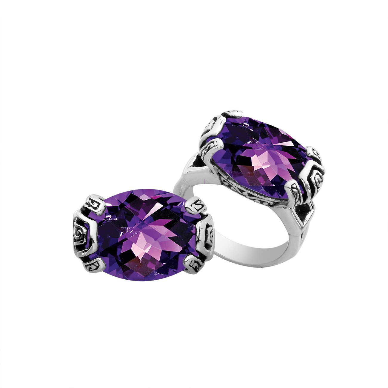 Elegant sterling silver oval shape Amethyst Quartz ring with Balinese handcrafted detailing
