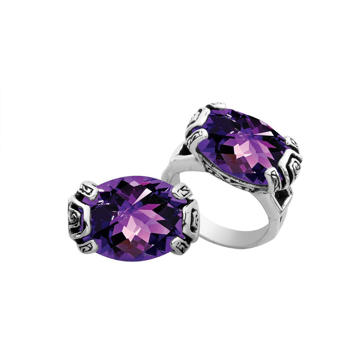 Elegant sterling silver oval shape Amethyst Quartz ring with Balinese handcrafted detailing