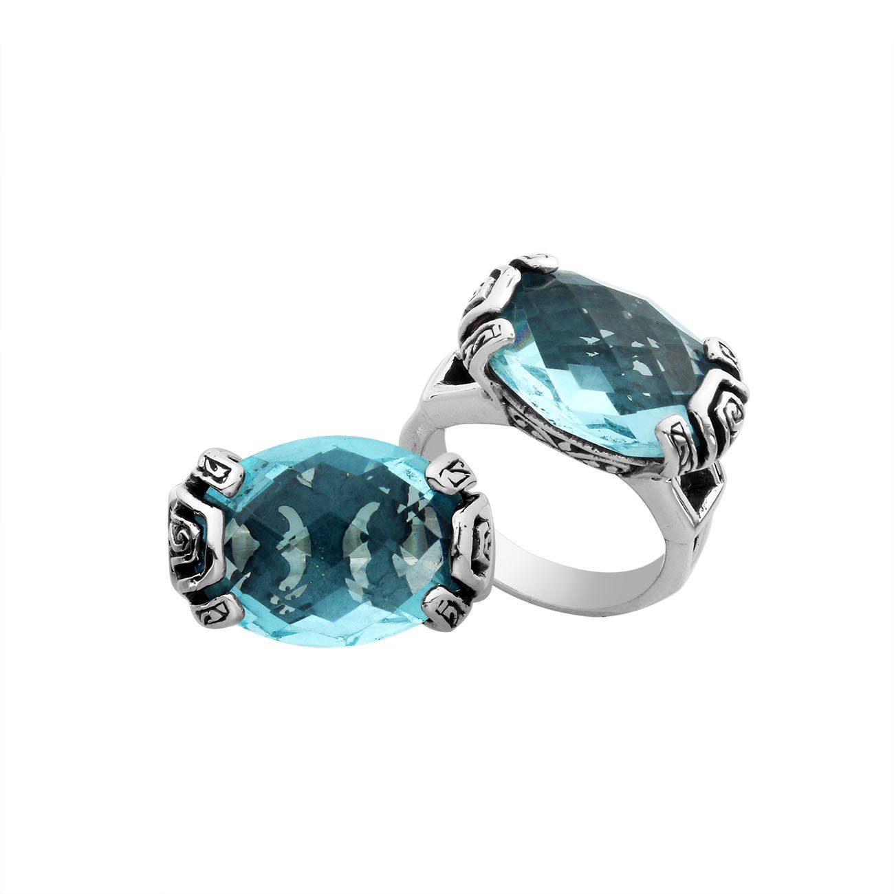 Elegant sterling silver oval shape Blue Topaz Quartz ring with Balinese handcrafted detailing