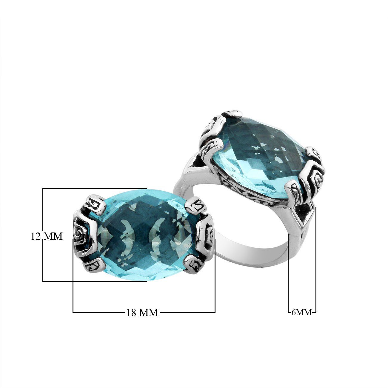 Elegant sterling silver oval shape Blue Topaz Quartz ring with Balinese handcrafted detailing