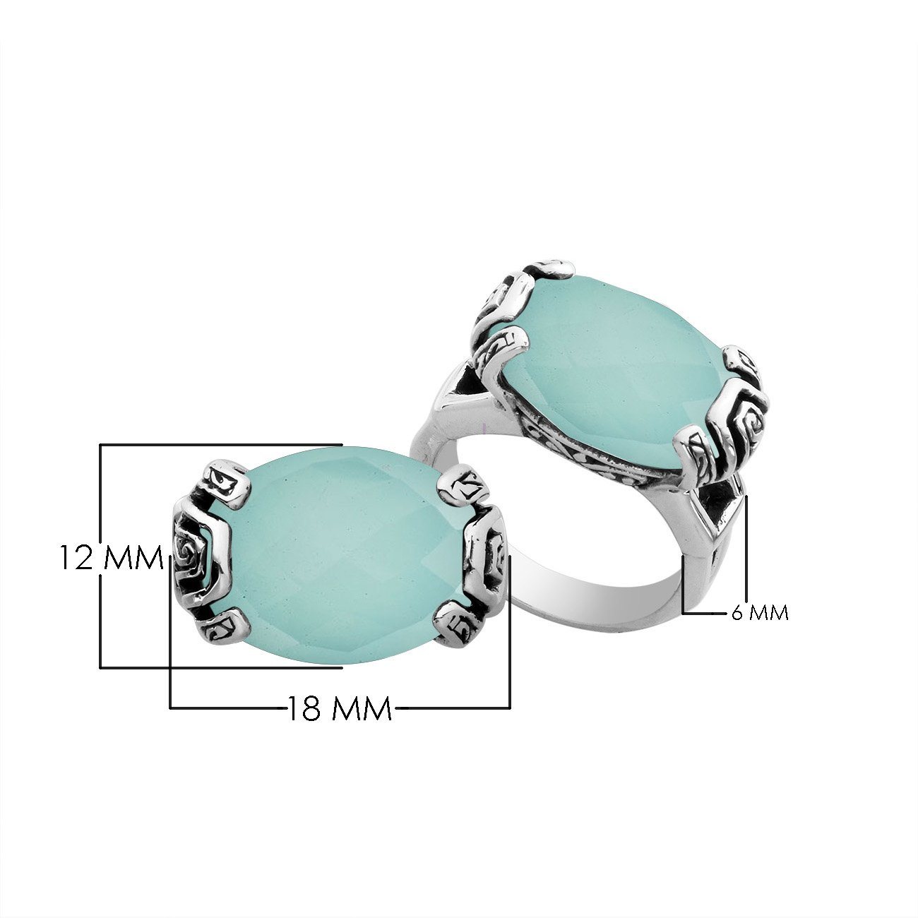 Elegant sterling silver oval shape Green Chalcedony Quartz ring with Balinese handcrafted detailing