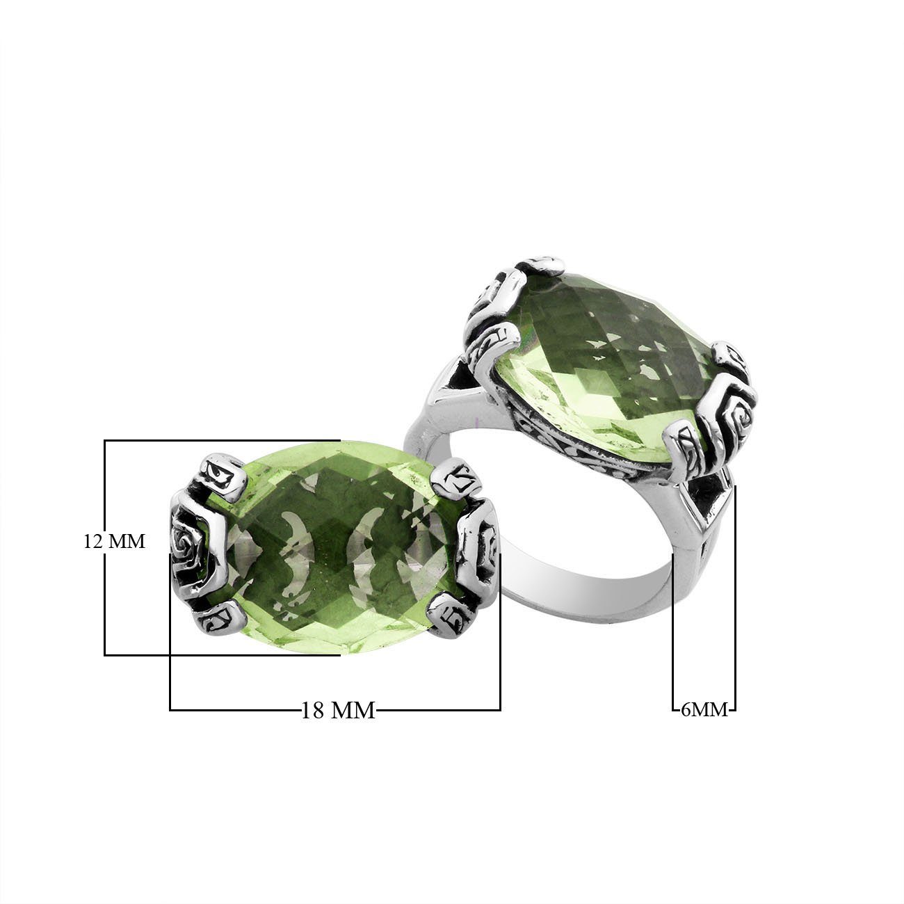 Elegant sterling silver oval shape Green Amethyst Quartz ring with Balinese handcrafted detailing