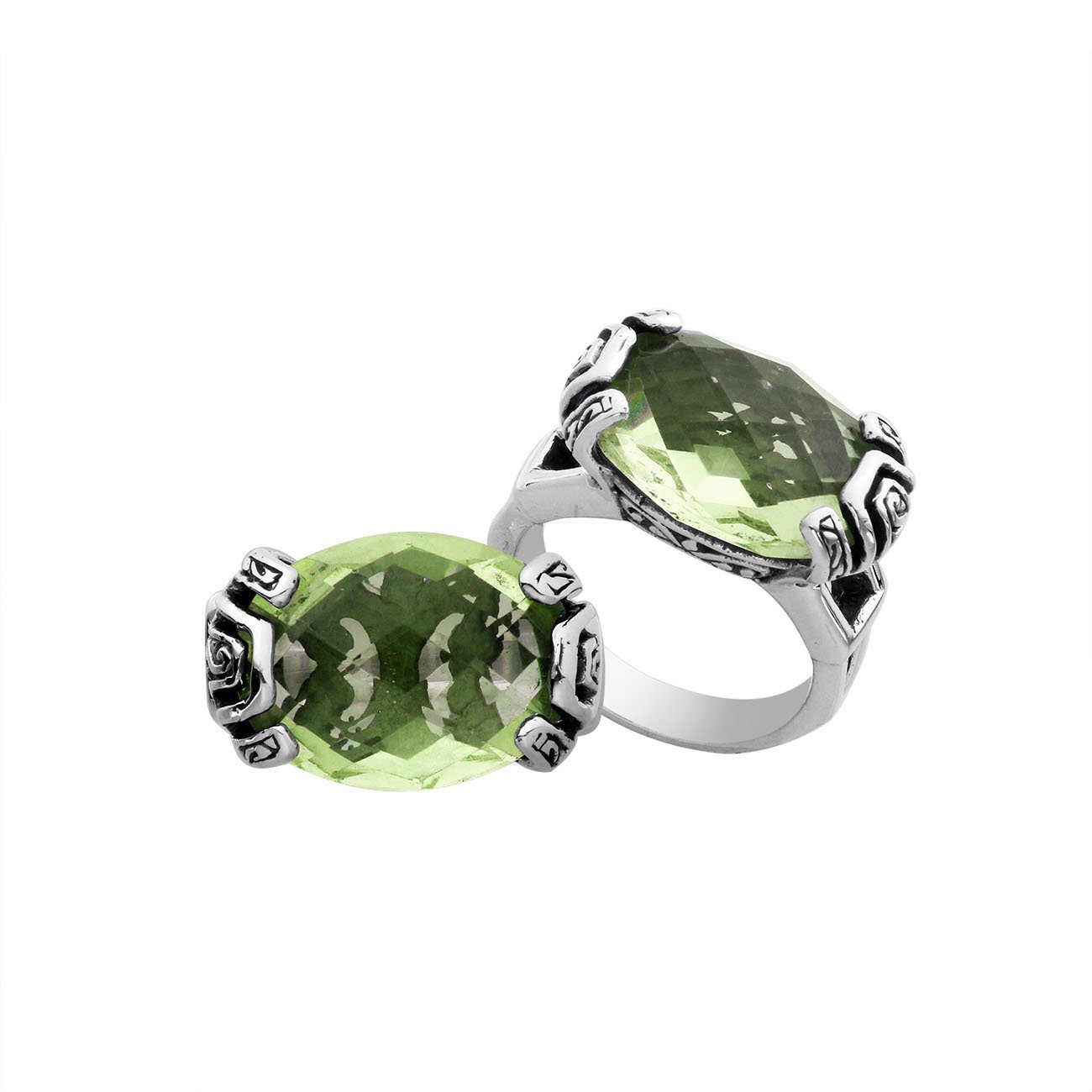Elegant sterling silver oval shape Green Amethyst Quartz ring with Balinese handcrafted detailing