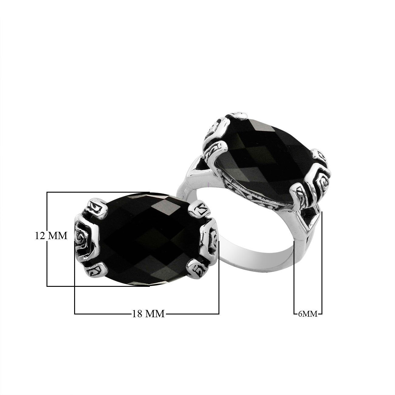 Elegant sterling silver oval shape Black Onyx ring with Balinese handcrafted detailing
