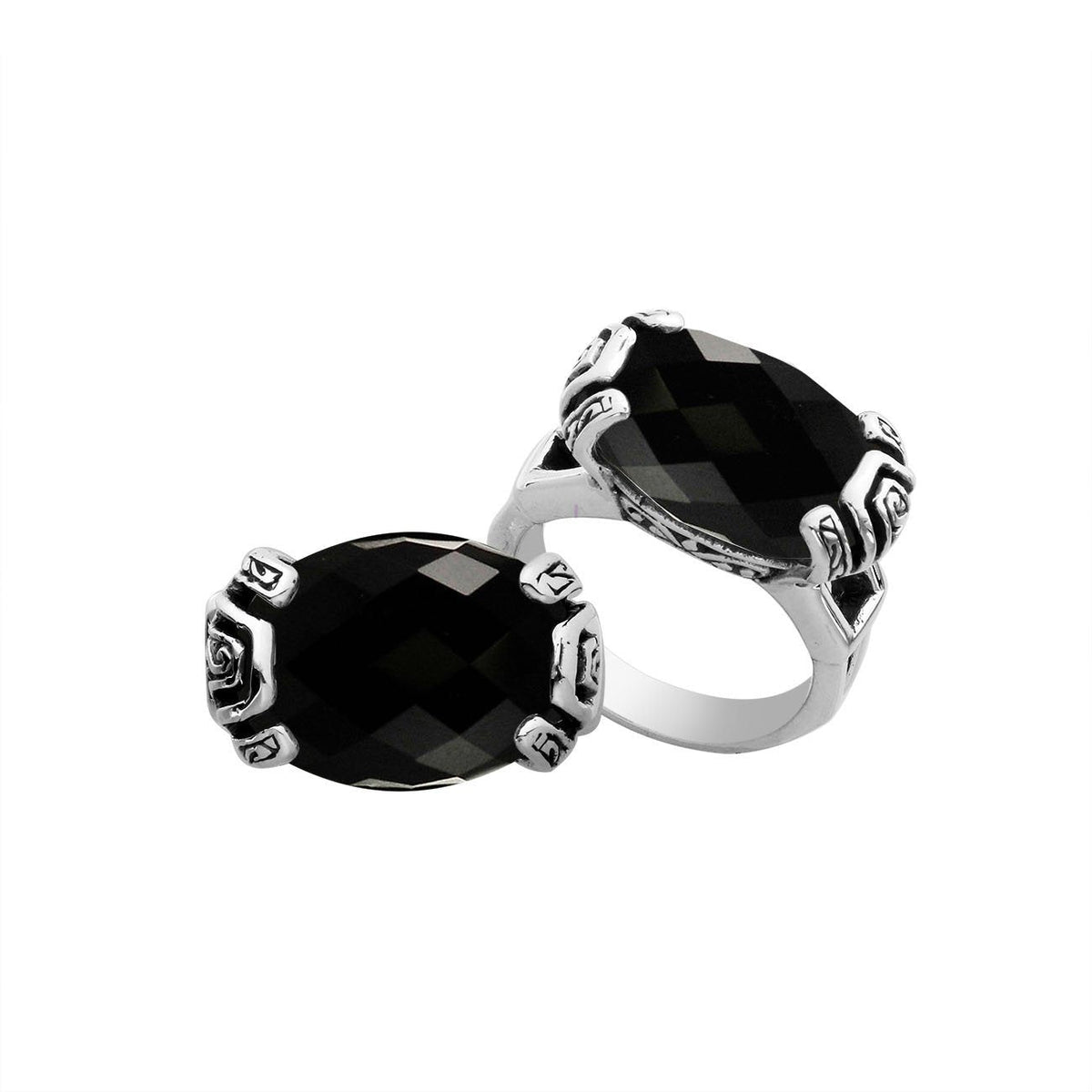 Elegant sterling silver oval shape Black Onyx ring with Balinese handcrafted detailing