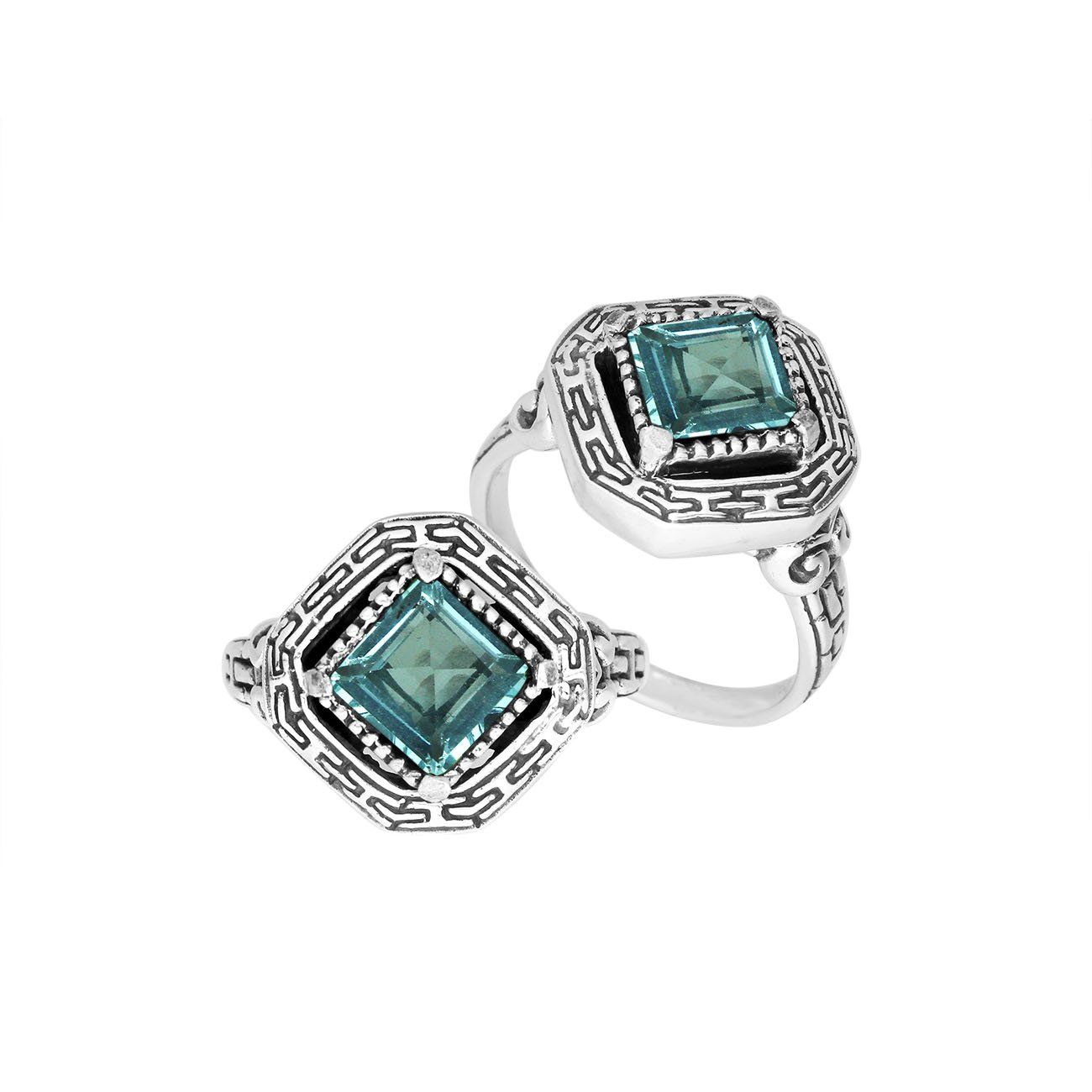 Elegant sterling silver square shape Blue Topaz Quartz ring with Balinese handcrafted detailing