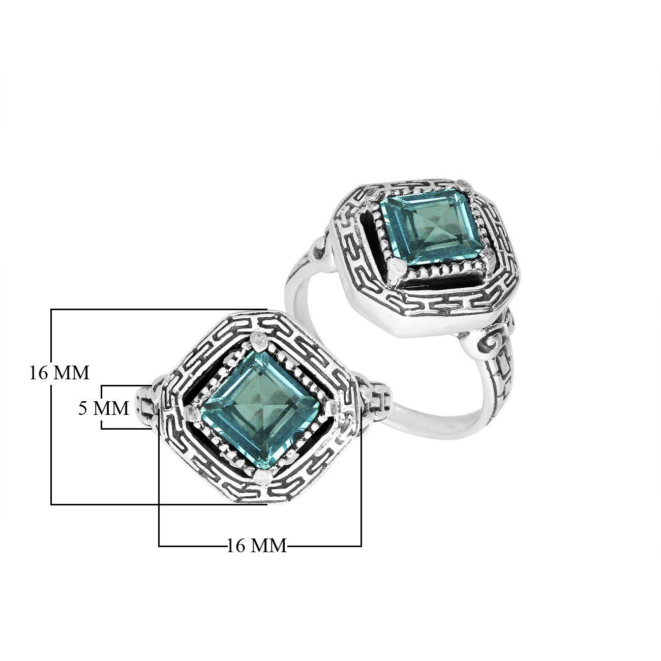 Elegant sterling silver square shape Blue Topaz Quartz ring with Balinese handcrafted detailing