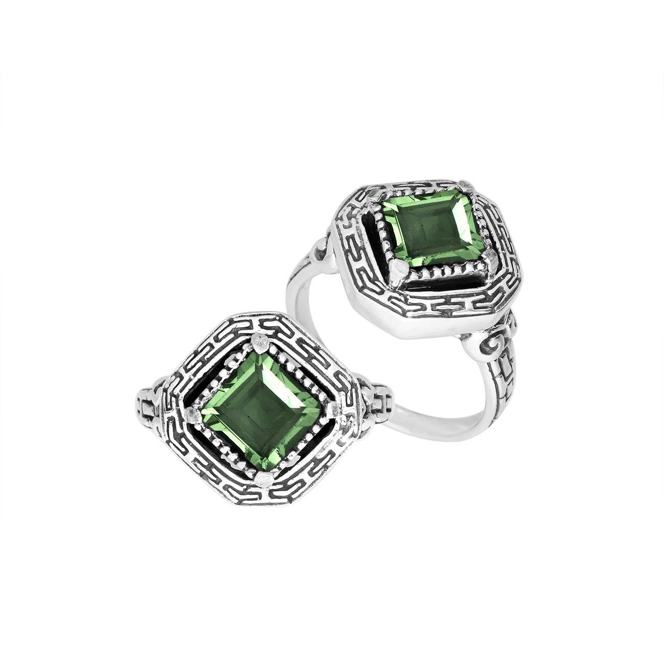 Elegant sterling silver square shape Green Amethyst Quartz ring with Balinese handcrafted detailing