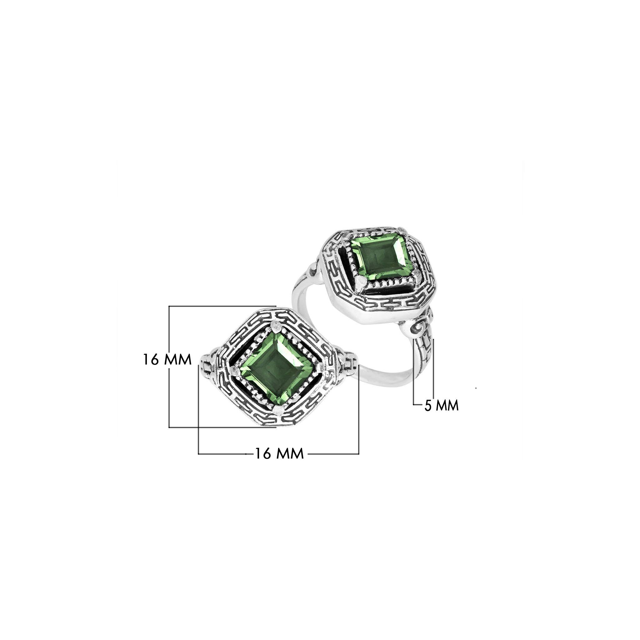 Elegant sterling silver square shape Green Amethyst Quartz ring with Balinese handcrafted detailing
