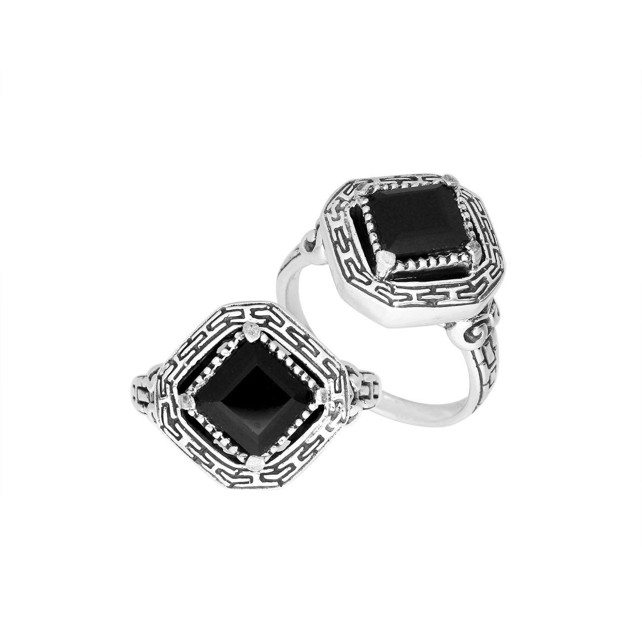 Elegant sterling silver square shape Black Onyx ring with Balinese handcrafted detailing
