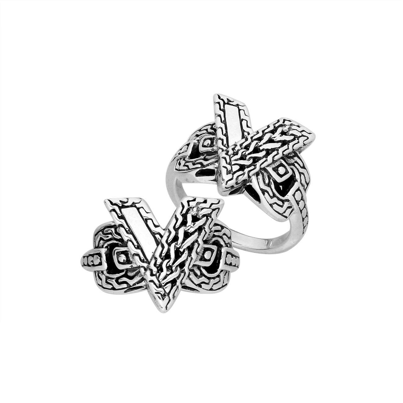 Elegant Sterling Silver Balinese crossover ring with intricate oxidized handcrafted design