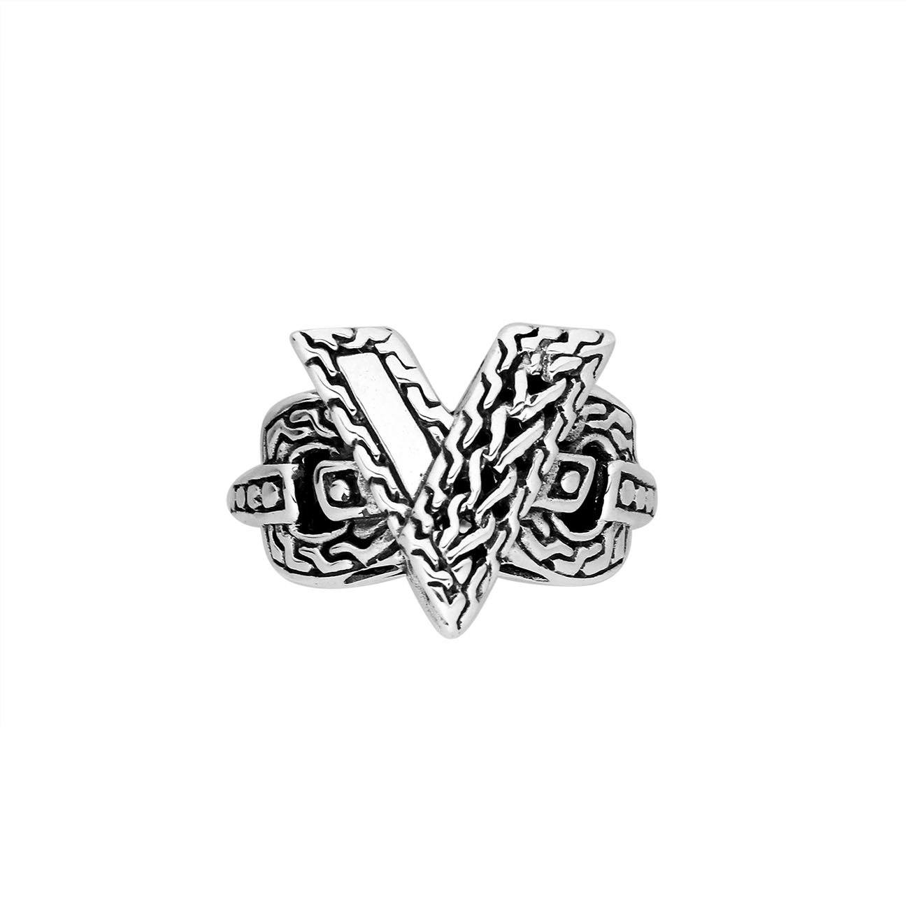 Elegant Sterling Silver Balinese crossover ring with intricate oxidized handcrafted design