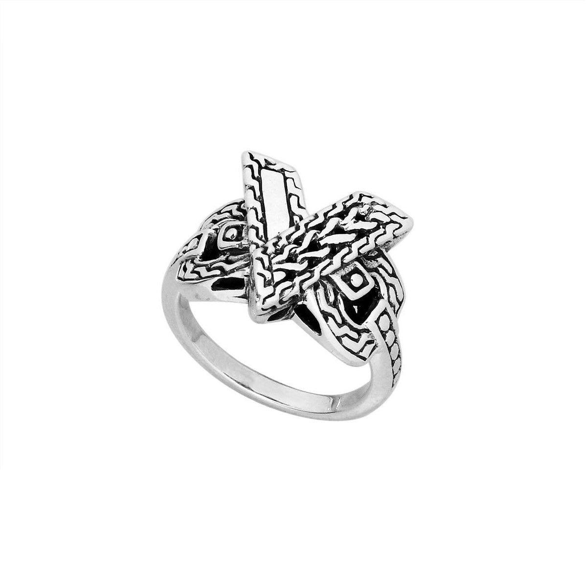 Elegant Sterling Silver Balinese crossover ring with intricate oxidized handcrafted design