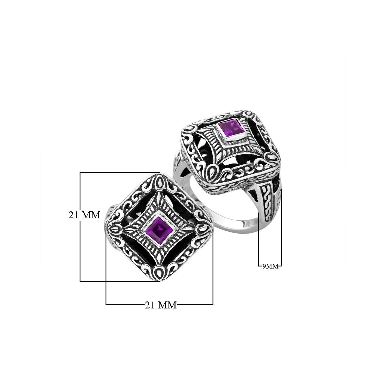 Balinese silver cushion shape ring with Amethyst Quartz center