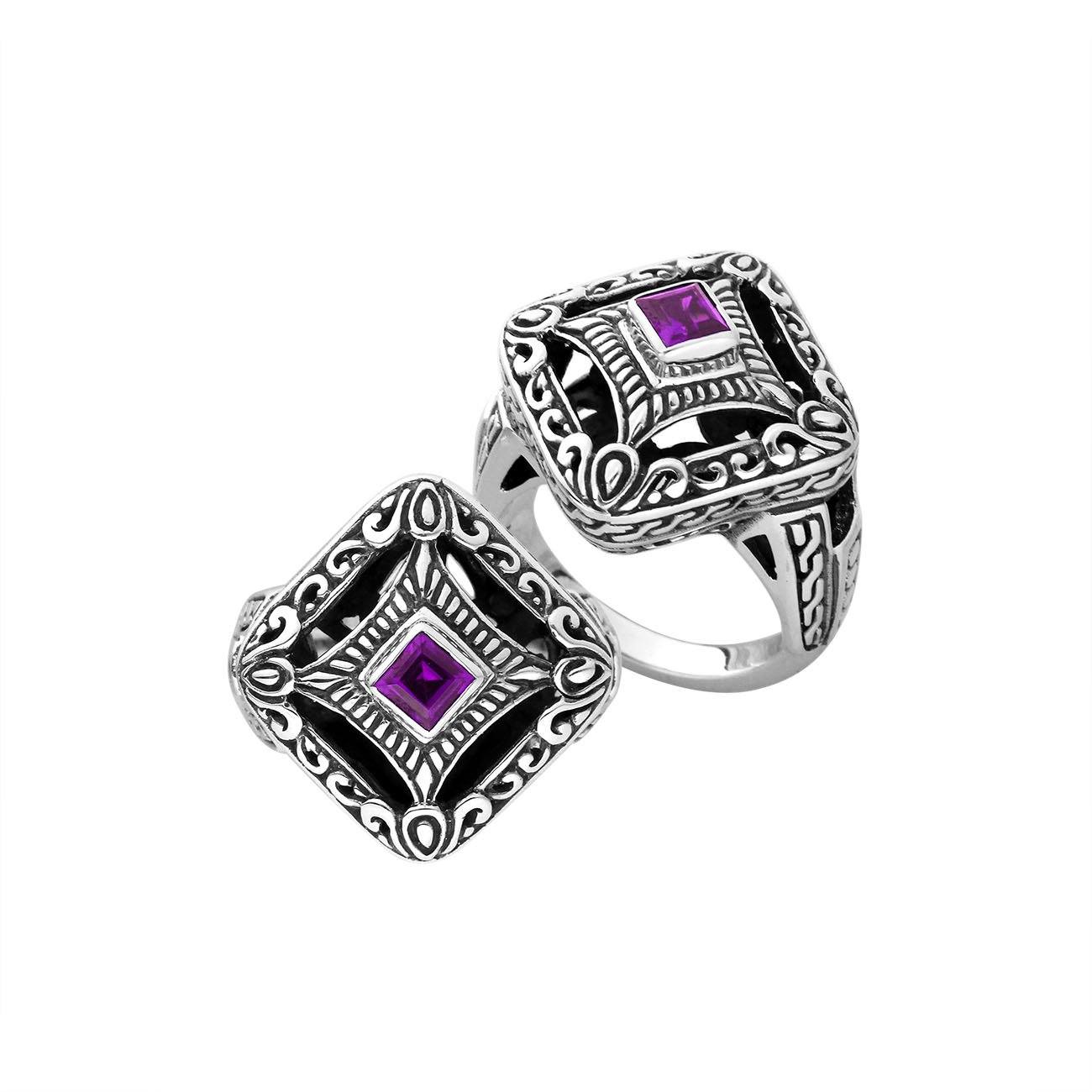 Balinese silver cushion shape ring with Amethyst Quartz center