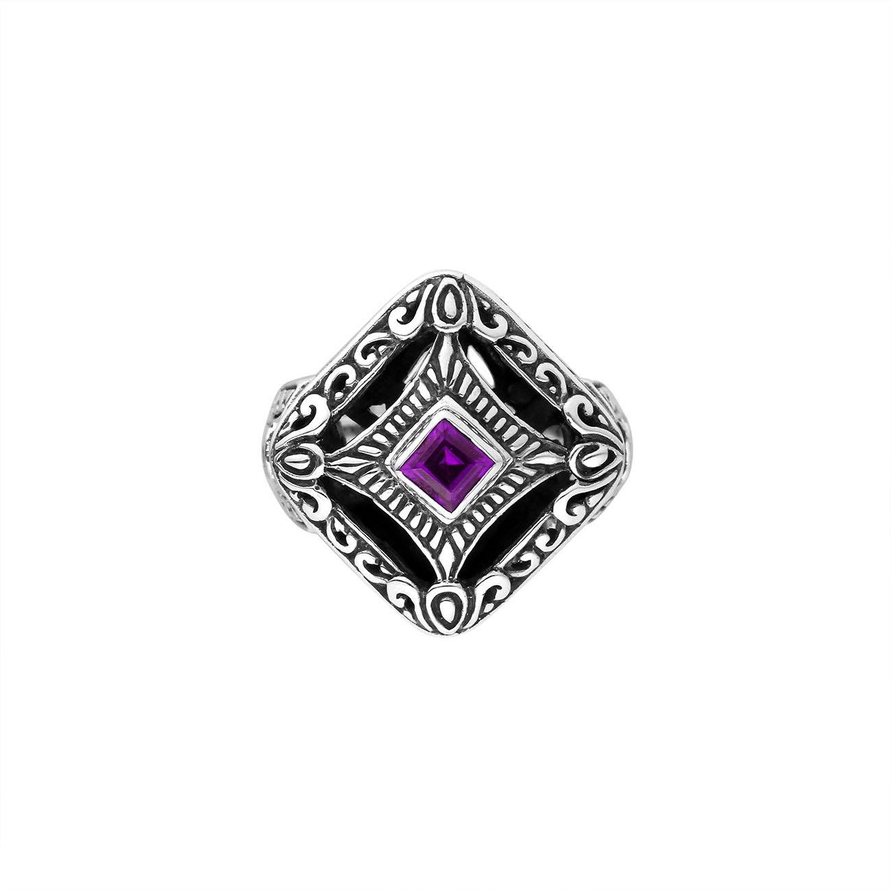 Balinese silver cushion shape ring with Amethyst Quartz center